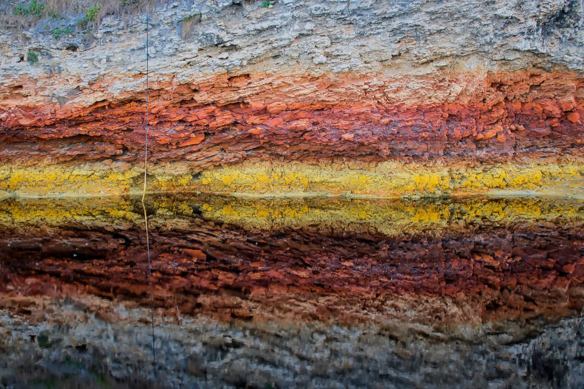 Layers of colourful soil and rock strata in a cliff face